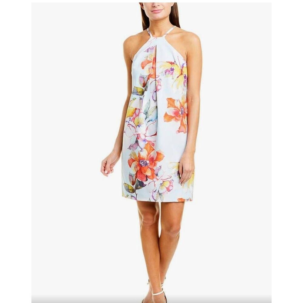 Trina Turk Watercolor Floral Pleated Halter Dress Size 10